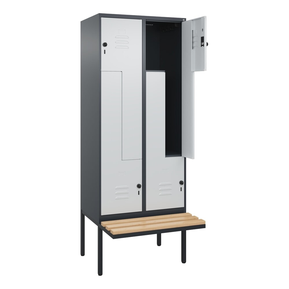 C+P Z-Spind Classic PLUS, 4 Abteile, HxBxT 2.120 x 800 x 815 mm, für Vorhängeschloss, auskragende Bank aus Buche, anthrazitgrau, lichtgrau Illustration du produit: C+P Z-Spind Classic PLUS, 4 Abteile, HxBxT 2.120 x 800 x 815 mm, für Vorhängeschloss, auskragende Bank aus Buche, anthrazitgrau, lichtgrau