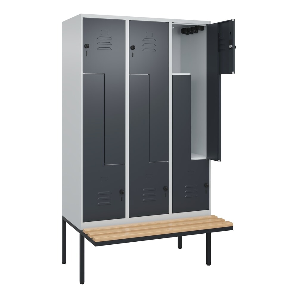 C+P Z-Spind Classic PLUS, 6 Abteile, HxBxT 2.120 x 1.200 x 815 mm, für Vorhängeschloss, auskragende Bank aus Buche, lichtgrau, anthrazitgrau Illustration du produit: C+P Z-Spind Classic PLUS, 6 Abteile, HxBxT 2.120 x 1.200 x 815 mm, für Vorhängeschloss, auskragende Bank aus Buche, lichtgrau, anthrazitgrau