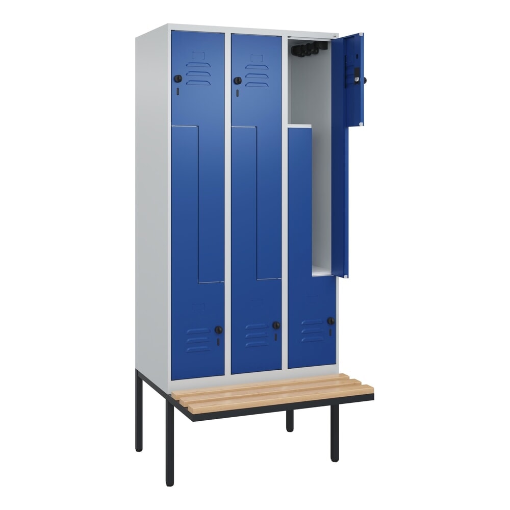 C+P Z-Spind Classic PLUS, 6 Abteile, HxBxT 2.120 x 900 x 815 mm, für Vorhängeschloss, auskragende Bank aus Buche, lichtgrau, enzianblau Produktabbildung: C+P Z-Spind Classic PLUS, 6 Abteile, HxBxT 2.120 x 900 x 815 mm, für Vorhängeschloss, auskragende Bank aus Buche, lichtgrau, enzianblau