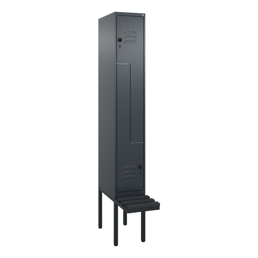Produktabbildung: C+P Z-Spind Classic PLUS, 2 Abteile, HxBxT 2.120 x 300 x 815 mm, für Vorhängeschloss, auskragende Bank aus Kunststoff, anthrazitgrau, anthrazitgrau