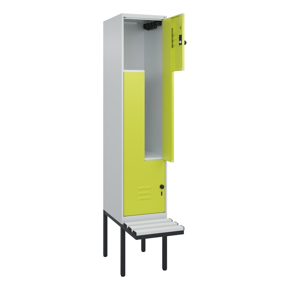 Illustration du produit: C+P Z-Spind Classic PLUS, 2 Abteile, HxBxT 2.120 x 400 x 815 mm, für Vorhängeschloss, auskragende Bank aus Kunststoff, lichtgrau, clowngrün
