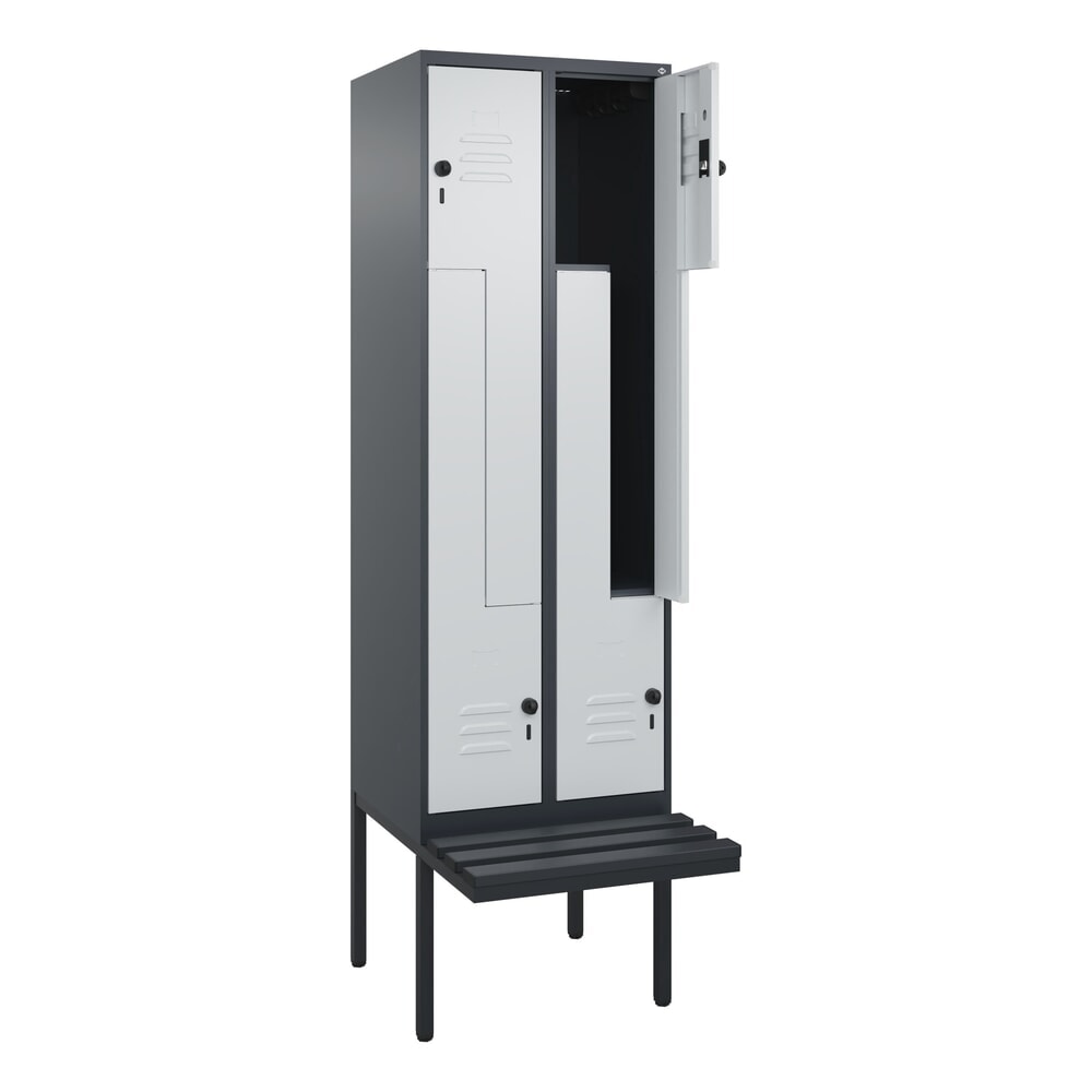 Illustration du produit: C+P Z-Spind Classic PLUS, 4 Abteile, HxBxT 2.120 x 600 x 815 mm, für Vorhängeschloss, auskragende Bank aus Kunststoff, anthrazitgrau, lichtgrau