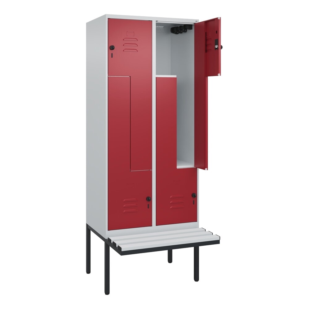 Produktabbildung: C+P Z-Spind Classic PLUS, 4 Abteile, HxBxT 2.120 x 800 x 815 mm, für Vorhängeschloss, auskragende Bank aus Kunststoff, lichtgrau, rubinrot