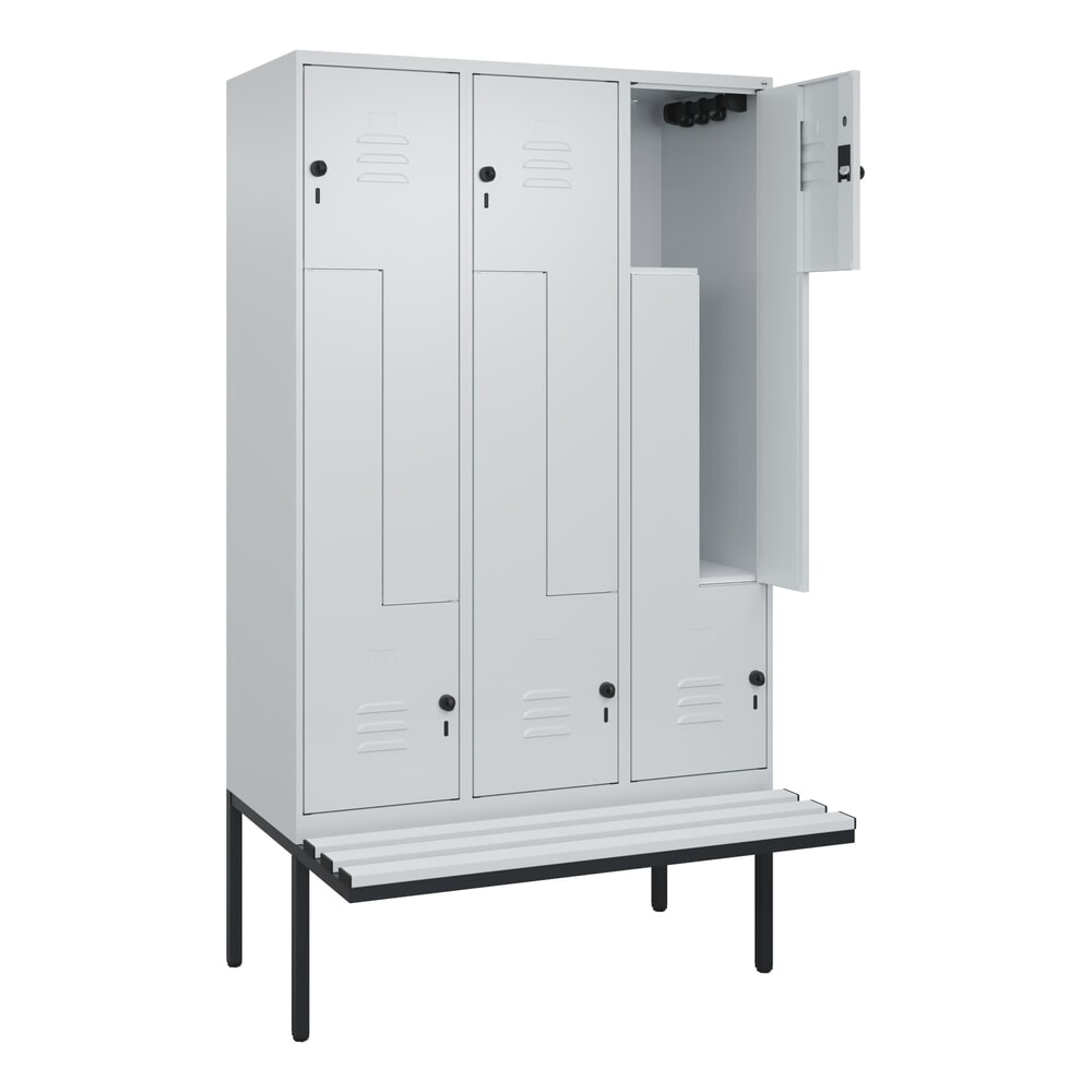Produktabbildung: C+P Z-Spind Classic PLUS, 6 Abteile, HxBxT 2.120 x 1.200 x 815 mm, für Vorhängeschloss, auskragende Bank aus Kunststoff, lichtgrau, lichtgrau