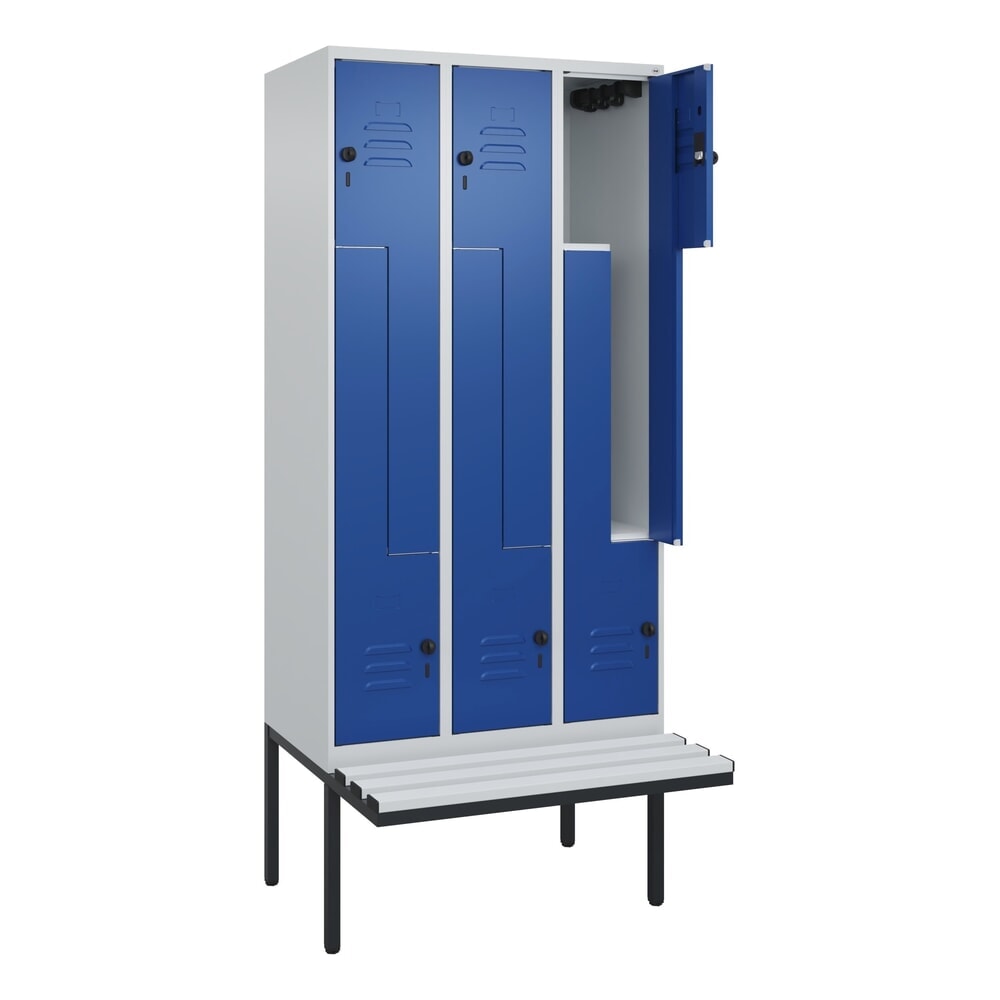 Produktabbildung: C+P Z-Spind Classic PLUS, 6 Abteile, HxBxT 2.120 x 900 x 815 mm, für Vorhängeschloss, auskragende Bank aus Kunststoff, lichtgrau, enzianblau