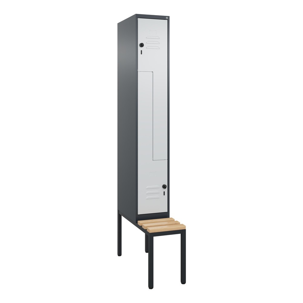 Produktabbildung: C+P Z-Spind Classic PLUS, 2 Abteile, HxBxT 2.120 x 300 x 815 mm, für Vorhängeschloss, untergebaute Bank aus Buche, anthrazitgrau, lichtgrau