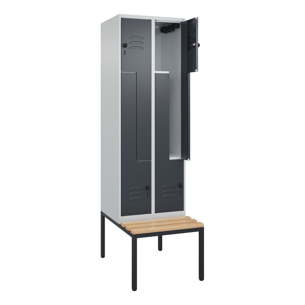 Produktabbildung: C+P Z-Spind Classic PLUS, 4 Abteile, HxBxT 2.120 x 600 x 815 mm, für Vorhängeschloss, untergebaute Bank aus Buche, lichtgrau, anthrazitgrau