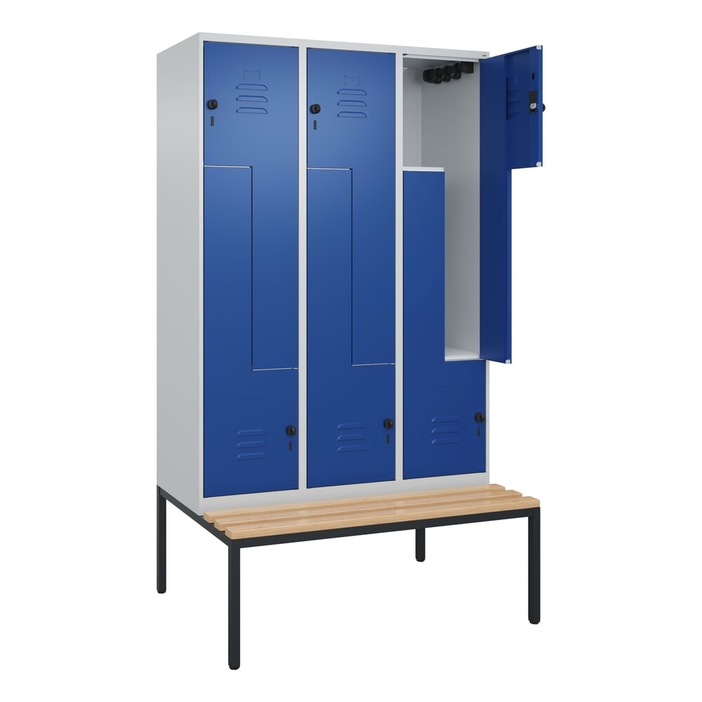 Produktabbildung: C+P Z-Spind Classic PLUS, 6 Abteile, HxBxT 2.120 x 1.200 x 815 mm, für Vorhängeschloss, untergebaute Bank aus Buche, lichtgrau, enzianblau