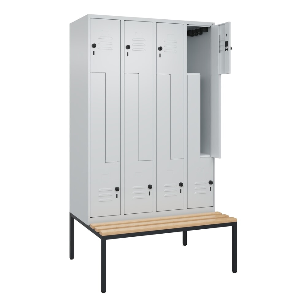Produktabbildung: C+P Z-Spind Classic PLUS, 8 Abteile, HxBxT 2.120 x 1.200 x 815 mm, für Vorhängeschloss, untergebaute Bank aus Buche, lichtgrau, lichtgrau