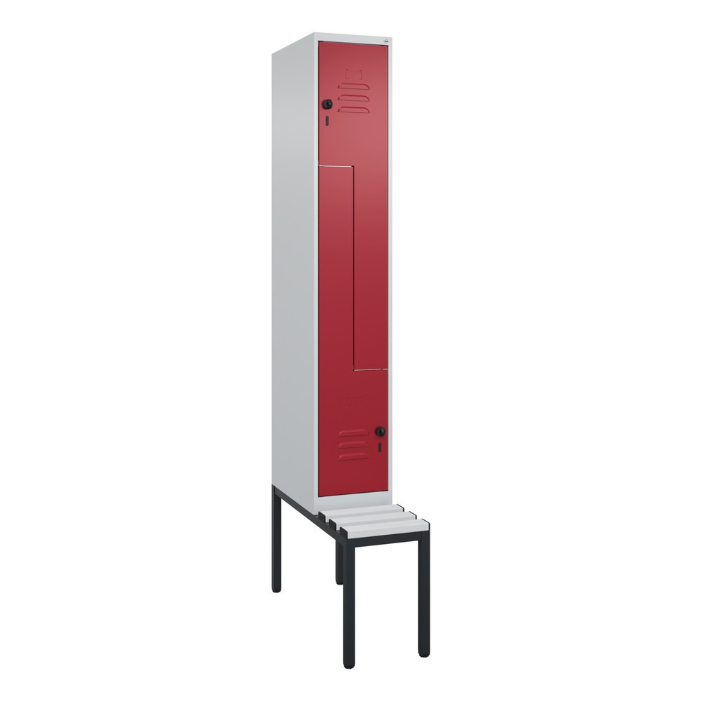 Illustration du produit: C+P Z-Spind Classic PLUS, 2 Abteile, HxBxT 2.120 x 300 x 815 mm, für Vorhängeschloss, untergebaute Bank aus Kunststoff, lichtgrau, rubinrot