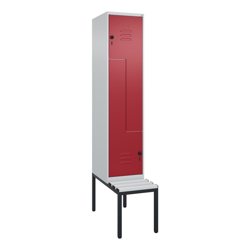 Produktabbildung: C+P Z-Spind Classic PLUS, 2 Abteile, HxBxT 2.120 x 400 x 815 mm, für Vorhängeschloss, untergebaute Bank aus Kunststoff, lichtgrau, rubinrot