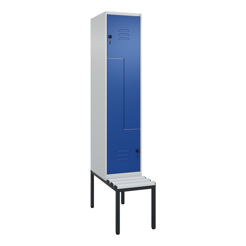 Produktabbildung: C+P Z-Spind Classic PLUS, 2 Abteile, HxBxT 2.120 x 400 x 815 mm, für Vorhängeschloss, untergebaute Bank aus Kunststoff, lichtgrau, enzianblau