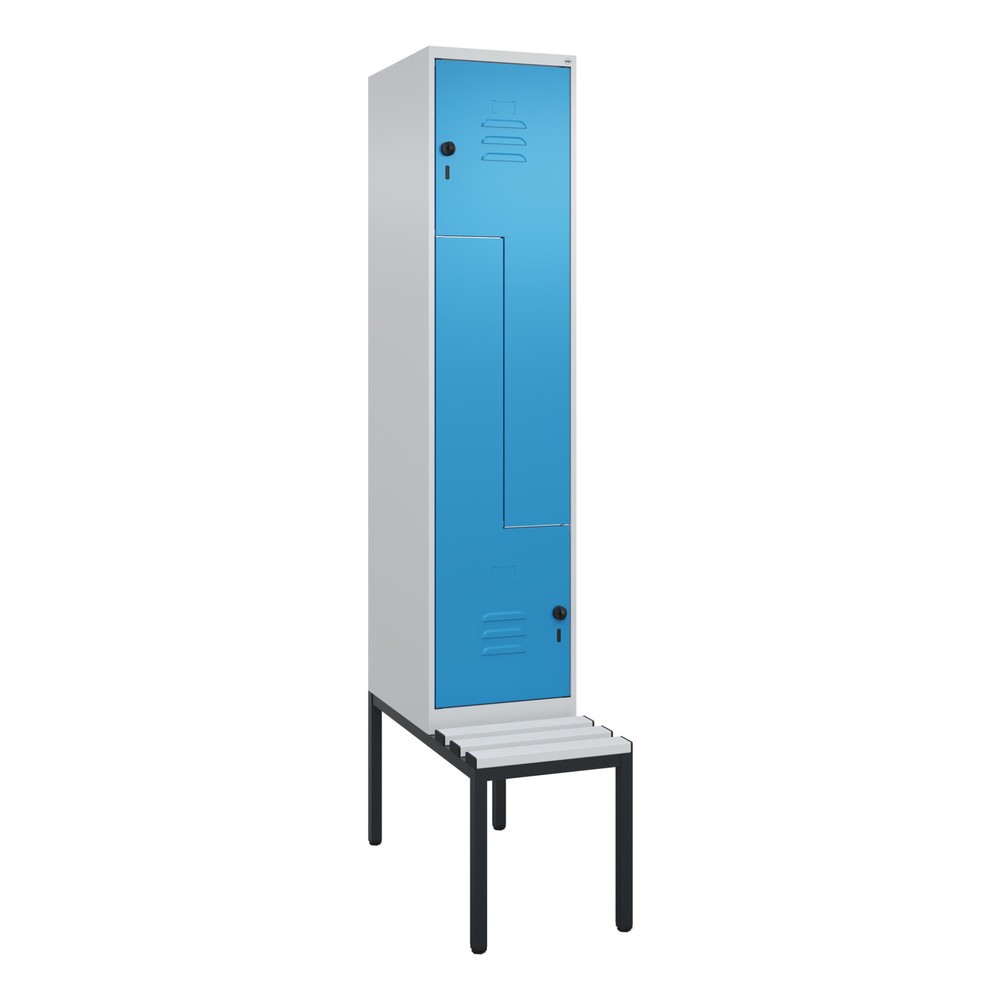 Produktabbildung: C+P Z-Spind Classic PLUS, 2 Abteile, HxBxT 2.120 x 400 x 815 mm, für Vorhängeschloss, untergebaute Bank aus Kunststoff, lichtgrau, lichtblau