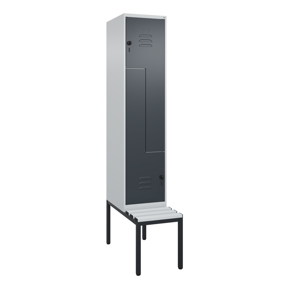 Produktabbildung: C+P Z-Spind Classic PLUS, 2 Abteile, HxBxT 2.120 x 400 x 815 mm, für Vorhängeschloss, untergebaute Bank aus Kunststoff, lichtgrau, anthrazitgrau