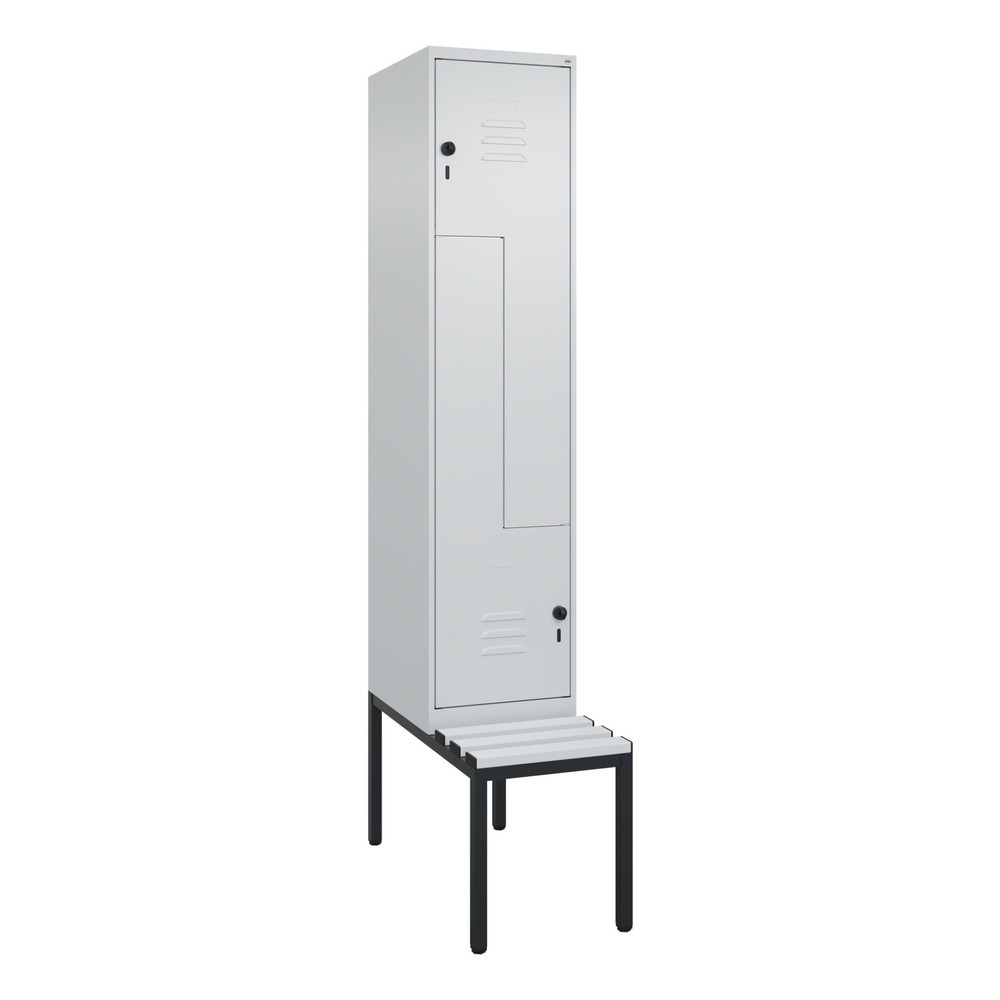Produktabbildung: C+P Z-Spind Classic PLUS, 2 Abteile, HxBxT 2.120 x 400 x 815 mm, für Vorhängeschloss, untergebaute Bank aus Kunststoff, lichtgrau, lichtgrau