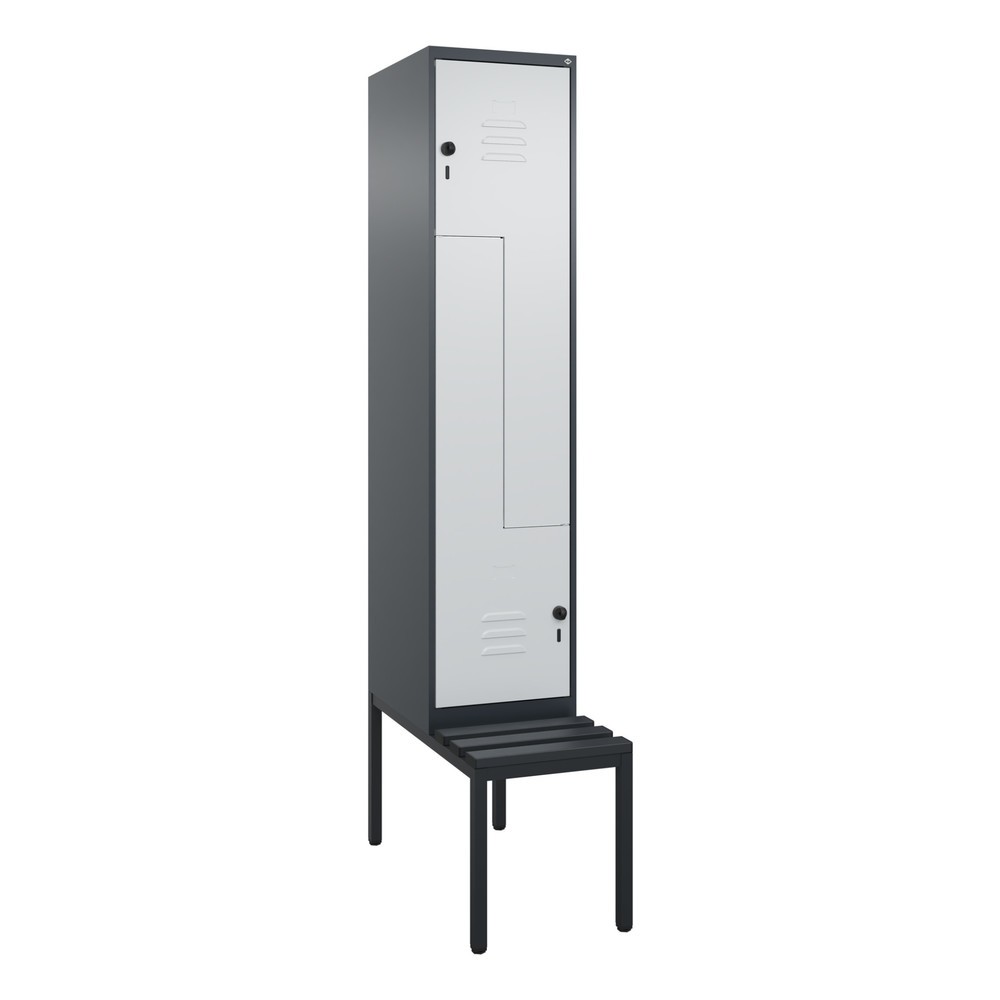 Produktabbildung: C+P Z-Spind Classic PLUS, 2 Abteile, HxBxT 2.120 x 400 x 815 mm, für Vorhängeschloss, untergebaute Bank aus Kunststoff, anthrazitgrau, lichtgrau