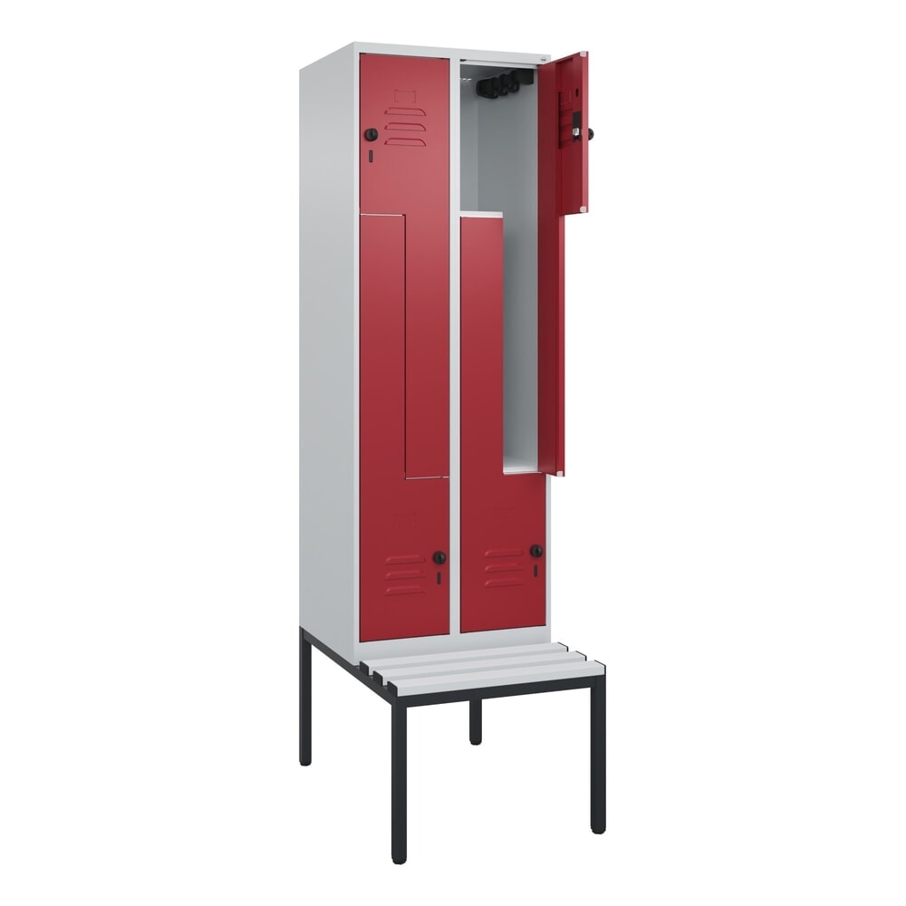 Illustration du produit: C+P Z-Spind Classic PLUS, 4 Abteile, HxBxT 2.120 x 600 x 815 mm, für Vorhängeschloss, untergebaute Bank aus Kunststoff, lichtgrau, rubinrot