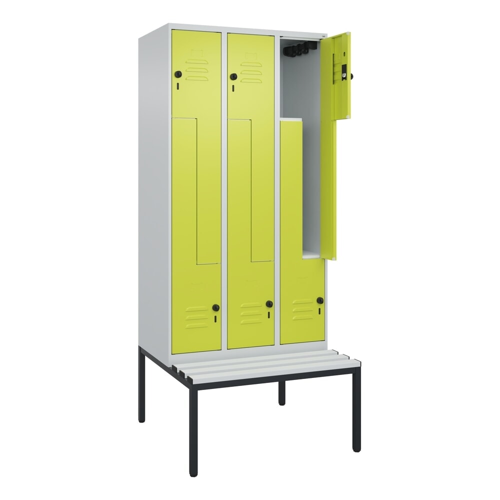 Illustration du produit: C+P Z-Spind Classic PLUS, 6 Abteile, HxBxT 2.120 x 900 x 815 mm, für Vorhängeschloss, untergebaute Bank aus Kunststoff, lichtgrau, clowngrün