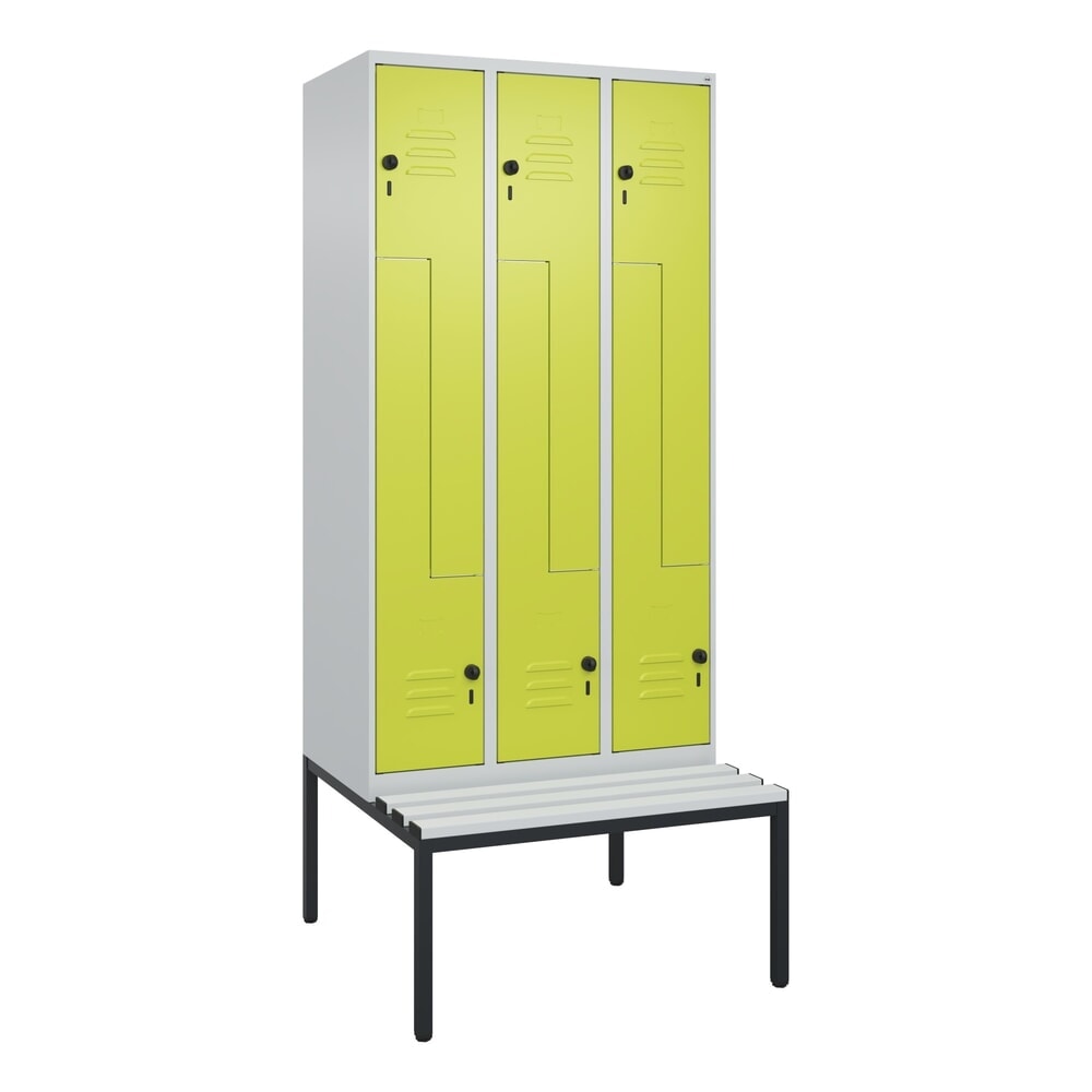 N° de l'image du produit 9 : C+P Z-Spind Classic PLUS, 6 Abteile, HxBxT 2.120 x 900 x 815 mm, für Vorhängeschloss, untergebaute Bank aus Kunststoff, lichtgrau, clowngrün