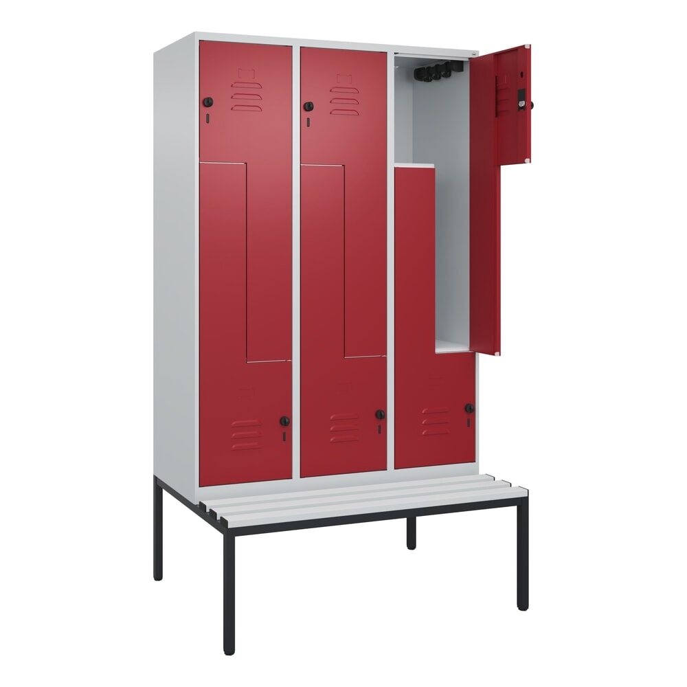 Illustration du produit: C+P Z-Spind Classic PLUS, 6 Abteile, HxBxT 2.120 x 1.200 x 815 mm, für Vorhängeschloss, untergebaute Bank aus Kunststoff, lichtgrau, rubinrot