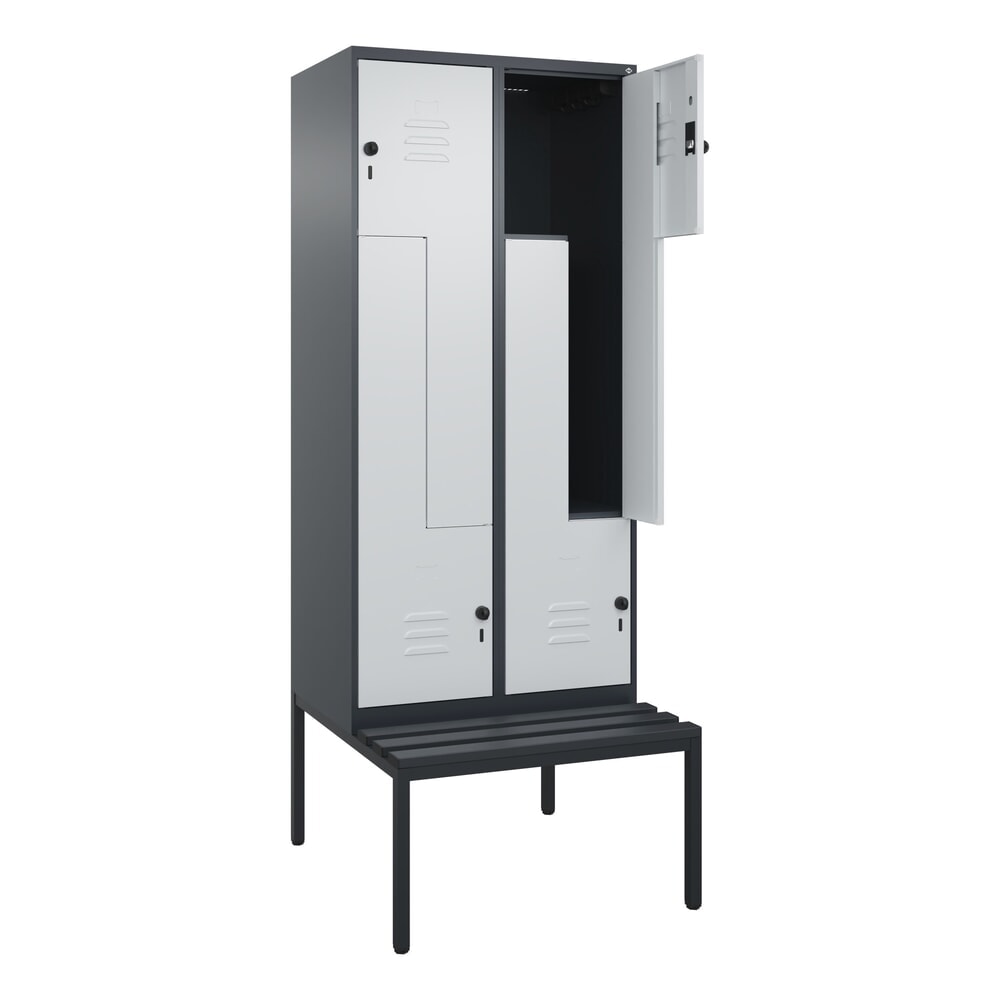 Produktabbildung: C+P Z-Spind Classic PLUS, 4 Abteile, HxBxT 2.120 x 800 x 815 mm, für Vorhängeschloss, untergebaute Bank aus Kunststoff, anthrazitgrau, lichtgrau