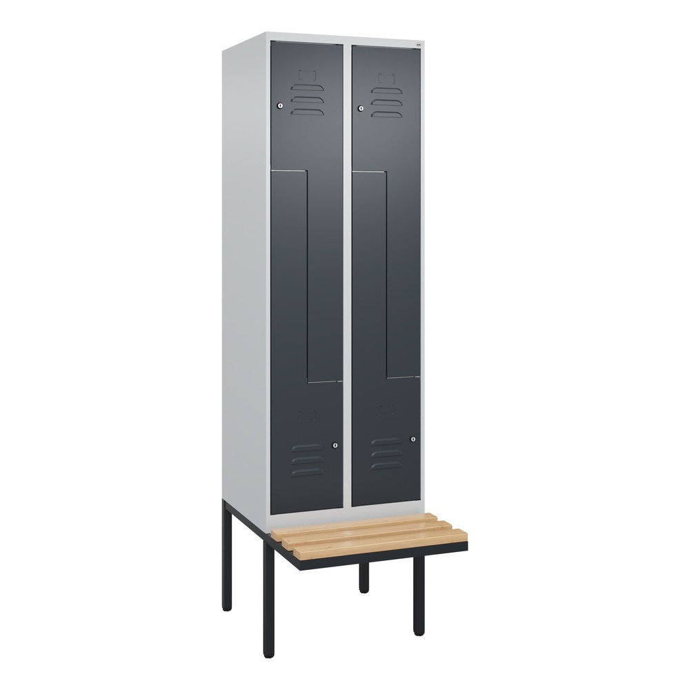 Produktabbildung: C+P Z-Spind Classic PLUS, 4 Abteile, HxBxT 2.120 x 600 x 815 mm, Zylinderschloss, auskragende Bank aus Buche, lichtgrau, anthrazitgrau