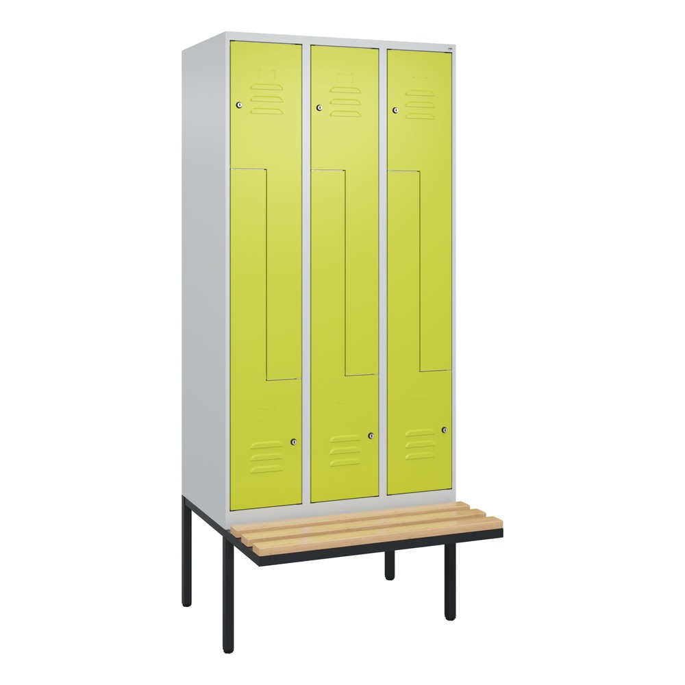 Produktabbildung: C+P Z-Spind Classic PLUS, 6 Abteile, HxBxT 2.120 x 900 x 815 mm, Zylinderschloss, auskragende Bank aus Buche, lichtgrau, clowngrün