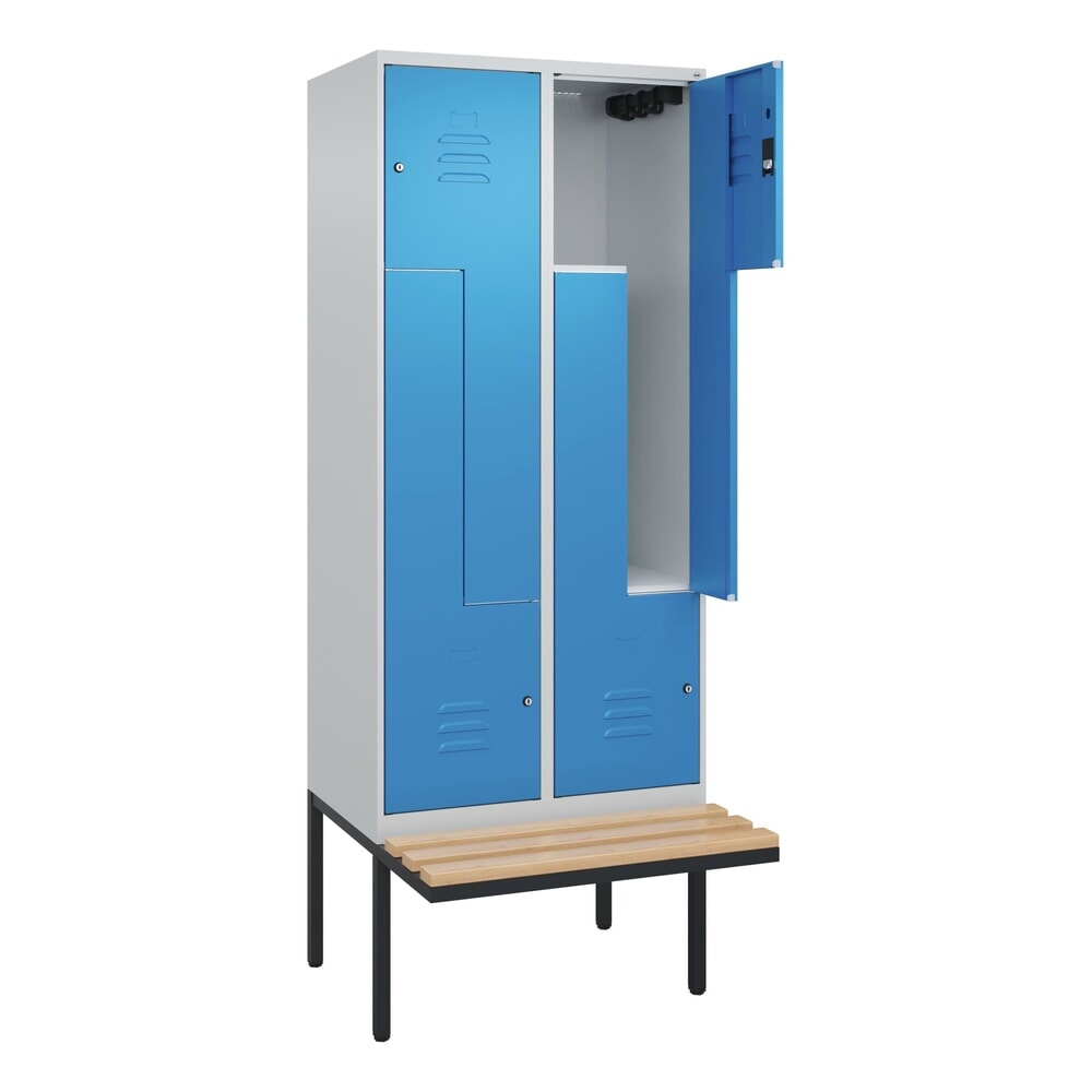 C+P Z-Spind Classic PLUS, 4 Abteile, HxBxT 2.120 x 800 x 815 mm, Zylinderschloss, auskragende Bank aus Buche, lichtgrau, lichtblau Produktabbildung: C+P Z-Spind Classic PLUS, 4 Abteile, HxBxT 2.120 x 800 x 815 mm, Zylinderschloss, auskragende Bank aus Buche, lichtgrau, lichtblau