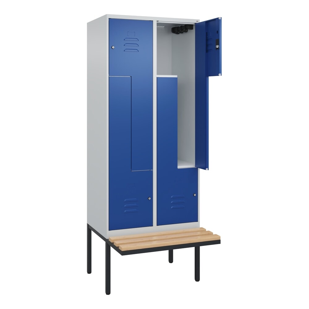 C+P Z-Spind Classic PLUS, 4 Abteile, HxBxT 2.120 x 800 x 815 mm, Zylinderschloss, auskragende Bank aus Buche, lichtgrau, enzianblau Produktabbildung: C+P Z-Spind Classic PLUS, 4 Abteile, HxBxT 2.120 x 800 x 815 mm, Zylinderschloss, auskragende Bank aus Buche, lichtgrau, enzianblau