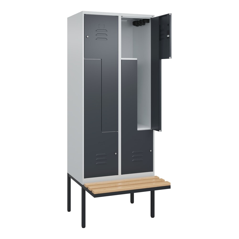 C+P Z-Spind Classic PLUS, 4 Abteile, HxBxT 2.120 x 800 x 815 mm, Zylinderschloss, auskragende Bank aus Buche, lichtgrau, anthrazitgrau Produktabbildung: C+P Z-Spind Classic PLUS, 4 Abteile, HxBxT 2.120 x 800 x 815 mm, Zylinderschloss, auskragende Bank aus Buche, lichtgrau, anthrazitgrau