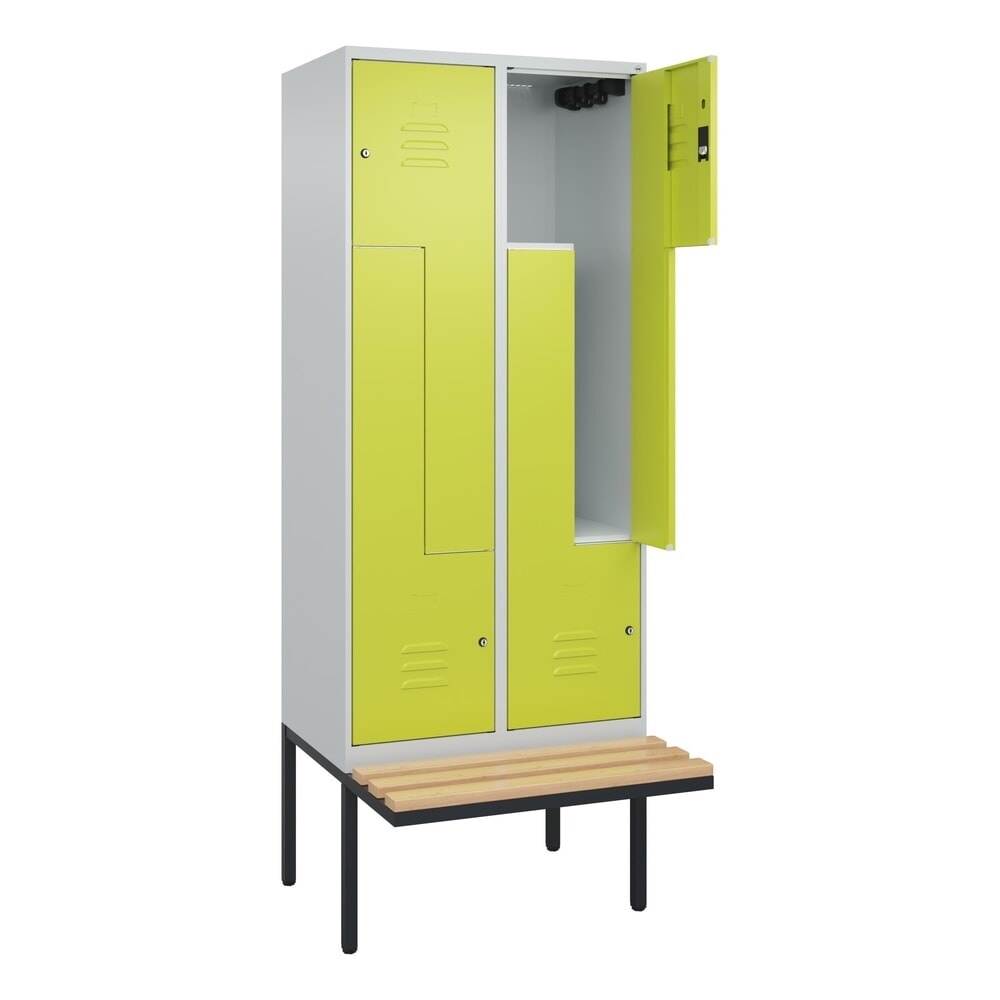 C+P Z-Spind Classic PLUS, 4 Abteile, HxBxT 2.120 x 800 x 815 mm, Zylinderschloss, auskragende Bank aus Buche, lichtgrau, clowngrün Illustration du produit: C+P Z-Spind Classic PLUS, 4 Abteile, HxBxT 2.120 x 800 x 815 mm, Zylinderschloss, auskragende Bank aus Buche, lichtgrau, clowngrün