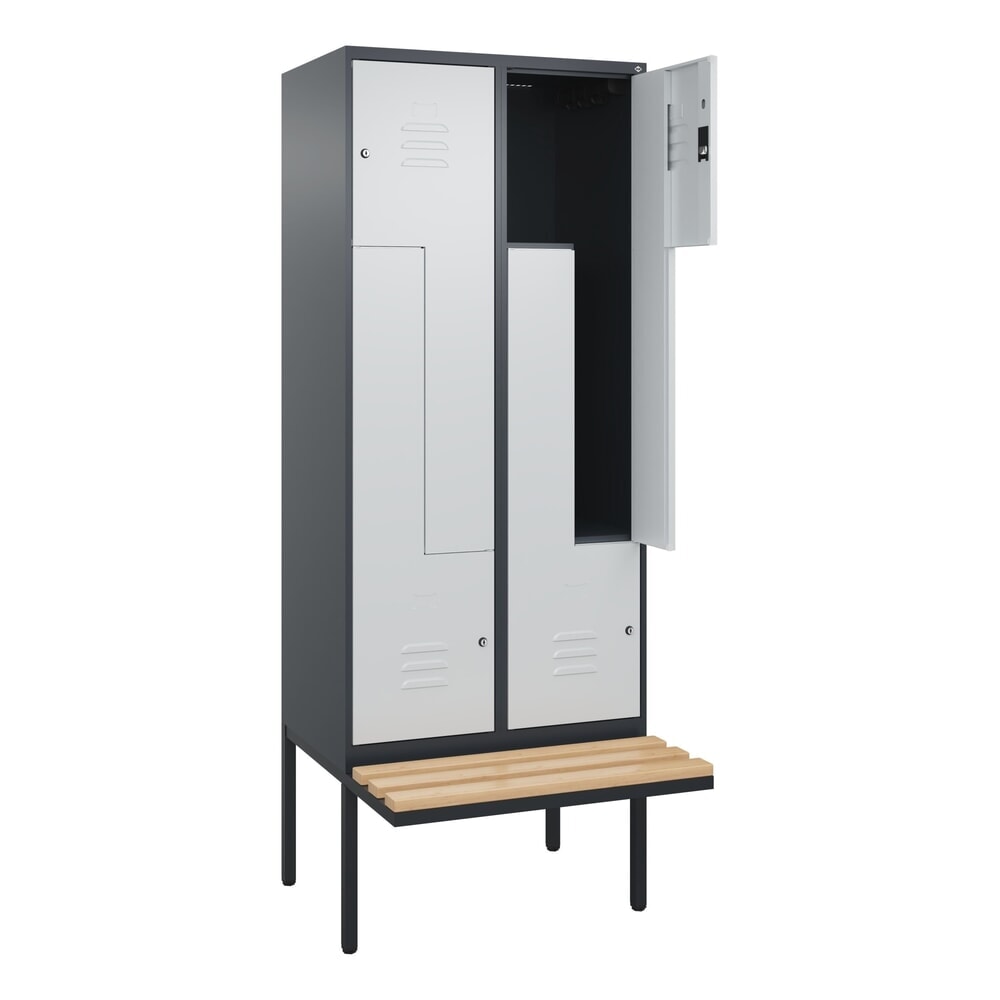 C+P Z-Spind Classic PLUS, 4 Abteile, HxBxT 2.120 x 800 x 815 mm, Zylinderschloss, auskragende Bank aus Buche, anthrazitgrau, lichtgrau Produktabbildung: C+P Z-Spind Classic PLUS, 4 Abteile, HxBxT 2.120 x 800 x 815 mm, Zylinderschloss, auskragende Bank aus Buche, anthrazitgrau, lichtgrau