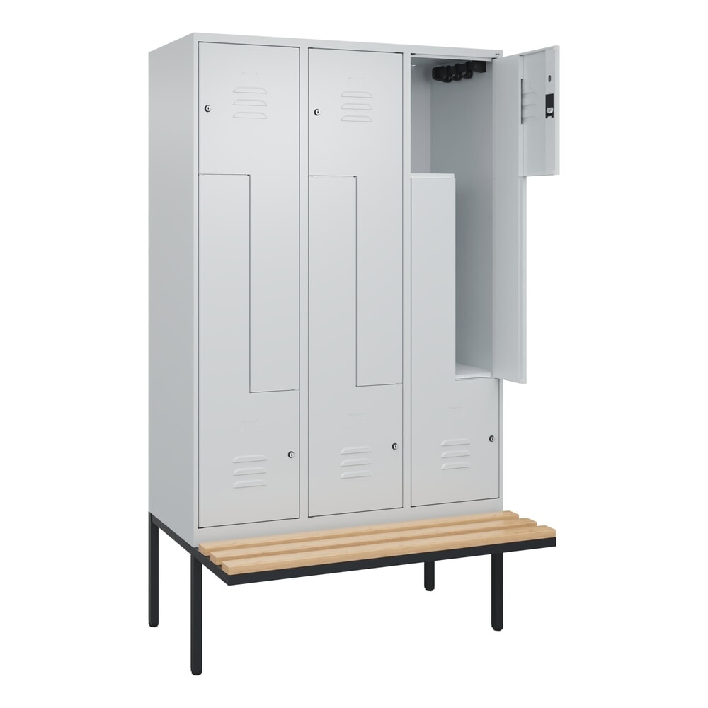 Produktabbildung: C+P Z-Spind Classic PLUS, 6 Abteile, HxBxT 2.120 x 1.200 x 815 mm, Zylinderschloss, auskragende Bank aus Buche, lichtgrau, lichtgrau