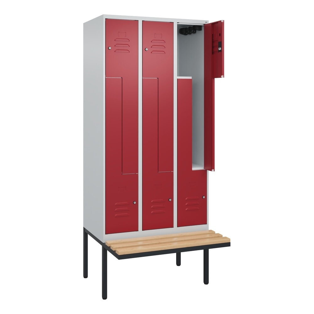 C+P Z-Spind Classic PLUS, 6 Abteile, HxBxT 2.120 x 900 x 815 mm, Zylinderschloss, auskragende Bank aus Buche, lichtgrau, rubinrot N° de l'image du produit 1 : C+P Z-Spind Classic PLUS, 6 Abteile, HxBxT 2.120 x 900 x 815 mm, Zylinderschloss, auskragende Bank aus Buche, lichtgrau, rubinrot