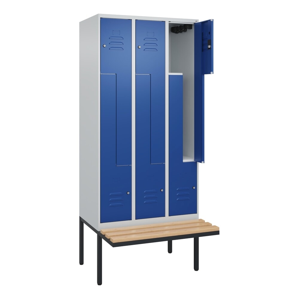 C+P Z-Spind Classic PLUS, 6 Abteile, HxBxT 2.120 x 900 x 815 mm, Zylinderschloss, auskragende Bank aus Buche, lichtgrau, enzianblau Produktabbildung Nr. 1: C+P Z-Spind Classic PLUS, 6 Abteile, HxBxT 2.120 x 900 x 815 mm, Zylinderschloss, auskragende Bank aus Buche, lichtgrau, enzianblau