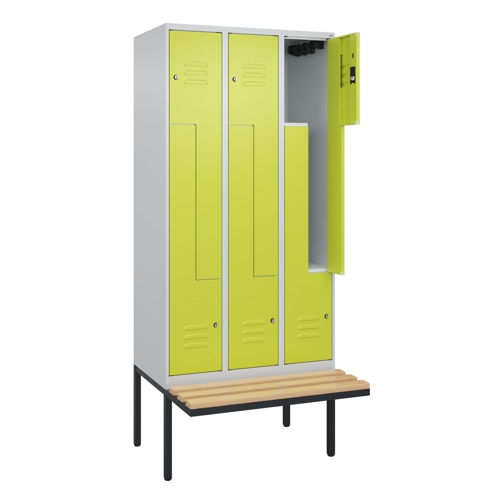 C+P Z-Spind Classic PLUS, 6 Abteile, HxBxT 2.120 x 900 x 815 mm, Zylinderschloss, auskragende Bank aus Buche, lichtgrau, clowngrün Produktabbildung Nr. 1: C+P Z-Spind Classic PLUS, 6 Abteile, HxBxT 2.120 x 900 x 815 mm, Zylinderschloss, auskragende Bank aus Buche, lichtgrau, clowngrün
