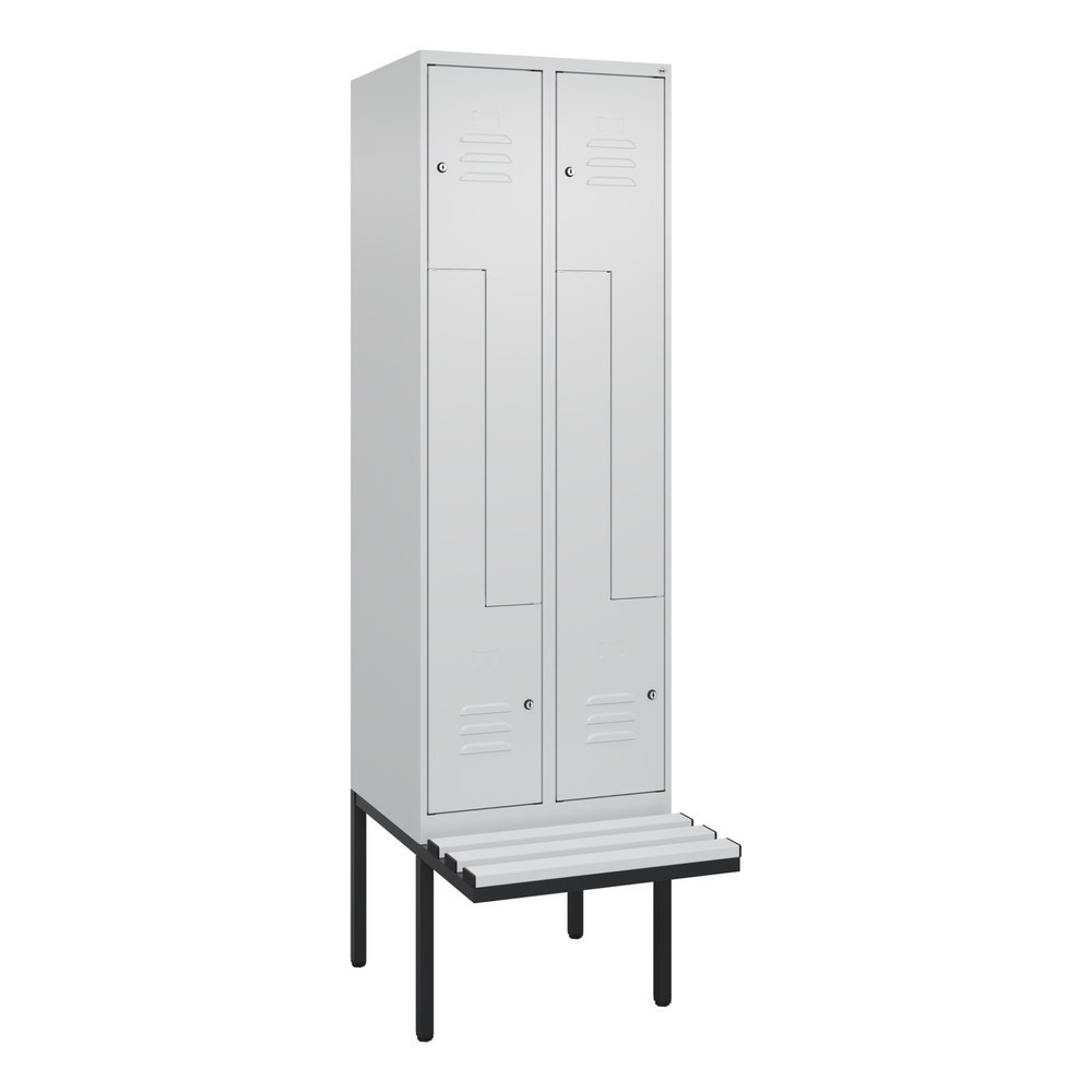 Produktabbildung: C+P Z-Spind Classic PLUS, 4 Abteile, HxBxT 2.120 x 600 x 815 mm, Zylinderschloss, auskragende Bank aus Kunststoff, lichtgrau, lichtgrau