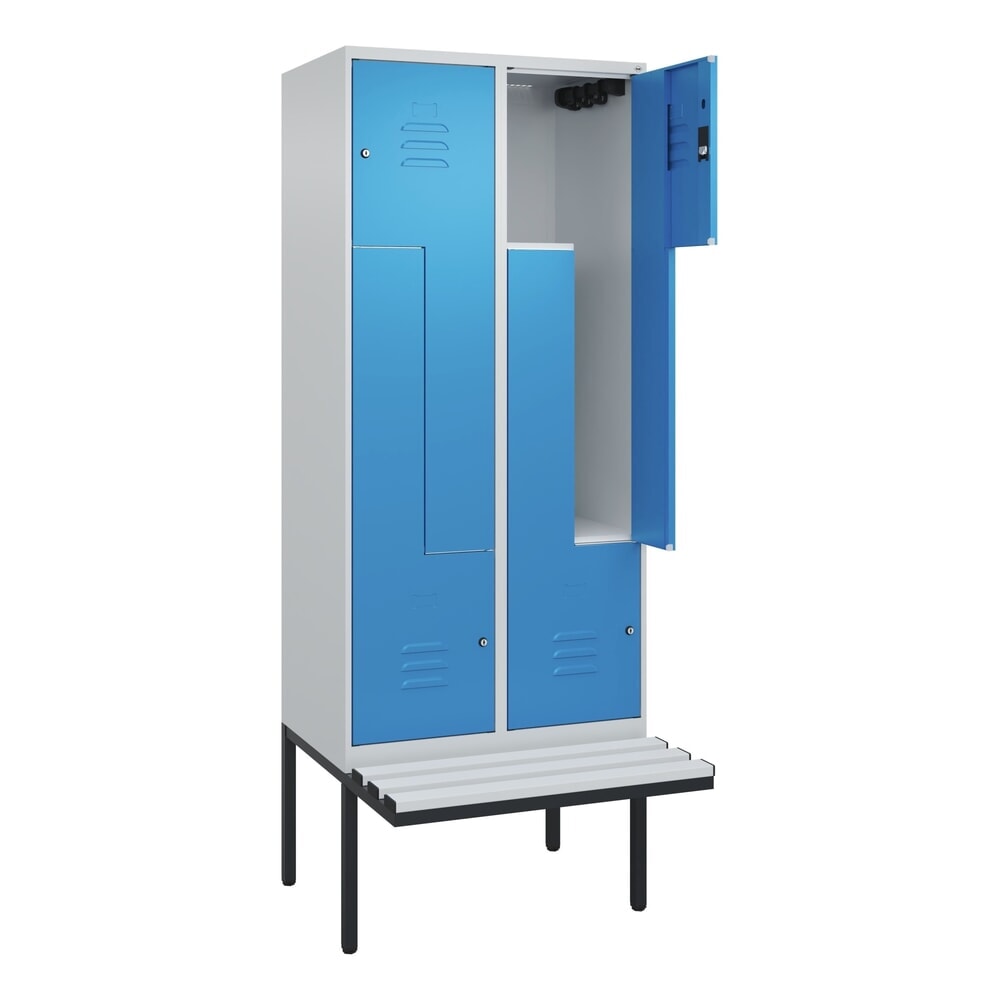 C+P Z-Spind Classic PLUS, 4 Abteile, HxBxT 2.120 x 800 x 815 mm, Zylinderschloss, auskragende Bank aus Kunststoff, lichtgrau, lichtblau Produktabbildung: C+P Z-Spind Classic PLUS, 4 Abteile, HxBxT 2.120 x 800 x 815 mm, Zylinderschloss, auskragende Bank aus Kunststoff, lichtgrau, lichtblau