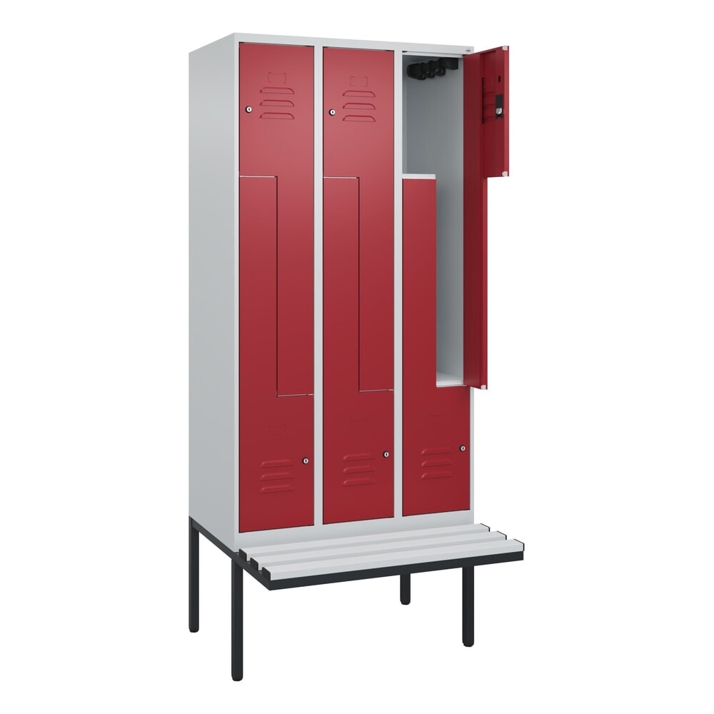 C+P Z-Spind Classic PLUS, 6 Abteile, HxBxT 2.120 x 900 x 815 mm, Zylinderschloss, auskragende Bank aus Kunststoff, lichtgrau, rubinrot Illustration du produit: C+P Z-Spind Classic PLUS, 6 Abteile, HxBxT 2.120 x 900 x 815 mm, Zylinderschloss, auskragende Bank aus Kunststoff, lichtgrau, rubinrot