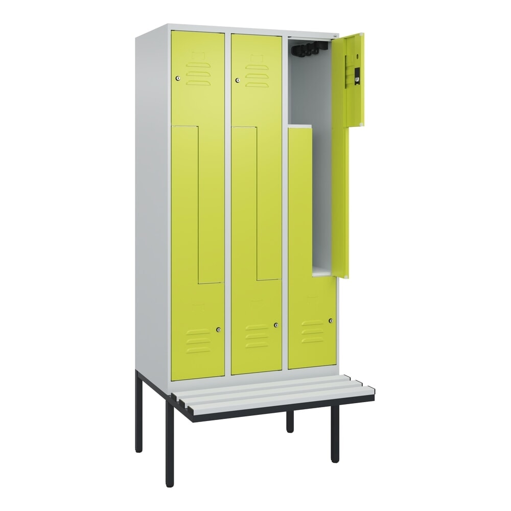 C+P Z-Spind Classic PLUS, 6 Abteile, HxBxT 2.120 x 900 x 815 mm, Zylinderschloss, auskragende Bank aus Kunststoff, lichtgrau, clowngrün N° de l'image du produit 1 : C+P Z-Spind Classic PLUS, 6 Abteile, HxBxT 2.120 x 900 x 815 mm, Zylinderschloss, auskragende Bank aus Kunststoff, lichtgrau, clowngrün