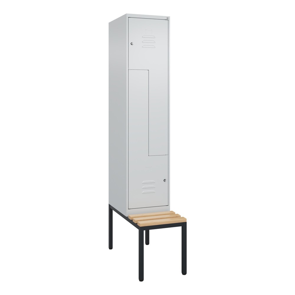 Produktabbildung: C+P Z-Spind Classic PLUS, 2 Abteile, HxBxT 2.120 x 400 x 815 mm, Zylinderschloss, untergebaute Bank aus Buche, lichtgrau, lichtgrau