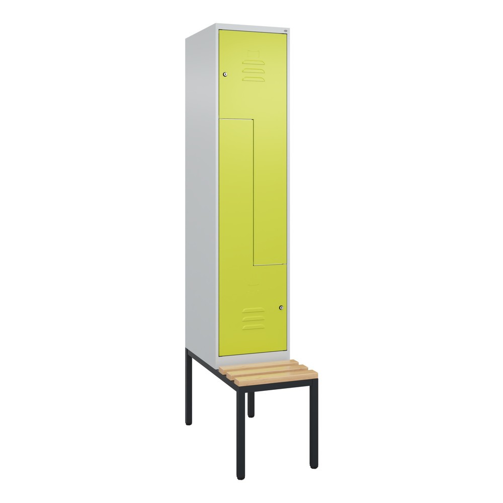 Produktabbildung: C+P Z-Spind Classic PLUS, 2 Abteile, HxBxT 2.120 x 400 x 815 mm, Zylinderschloss, untergebaute Bank aus Buche, lichtgrau, clowngrün