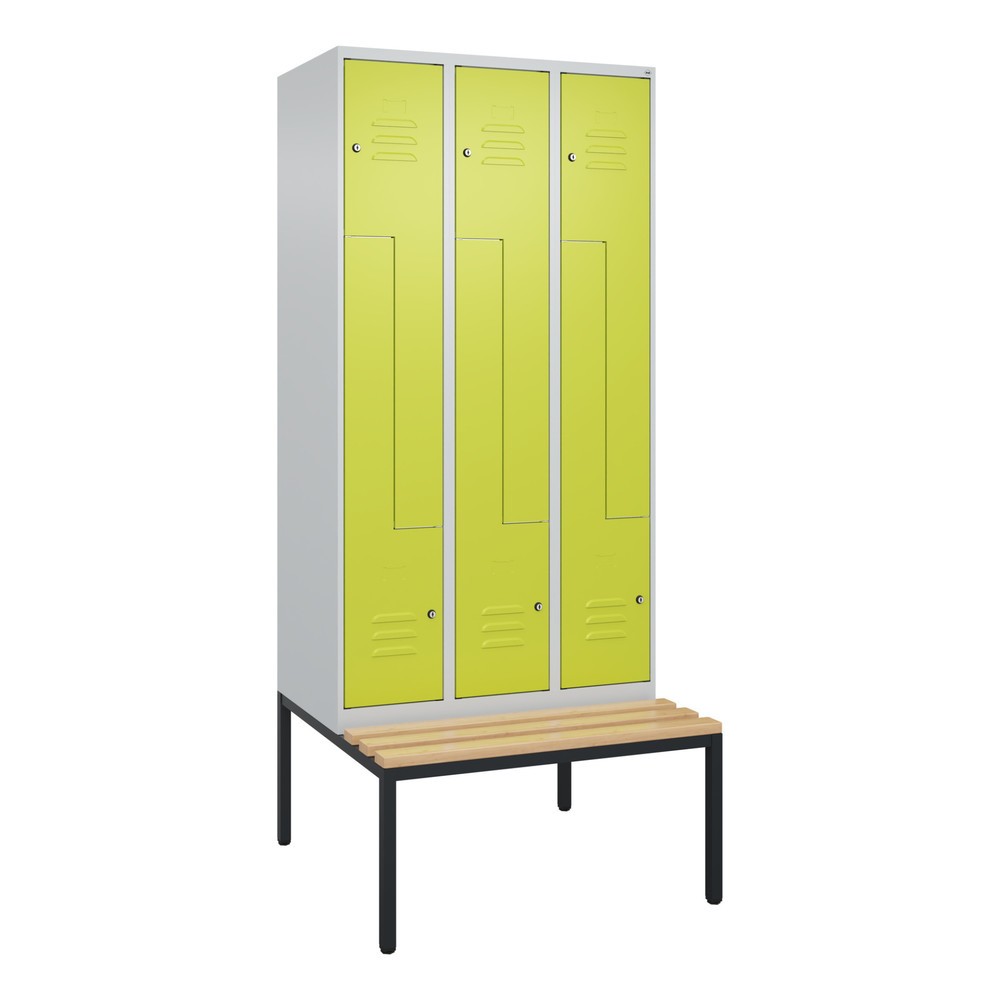 Produktabbildung: C+P Z-Spind Classic PLUS, 6 Abteile, HxBxT 2.120 x 900 x 815 mm, Zylinderschloss, untergebaute Bank aus Buche, lichtgrau, clowngrün