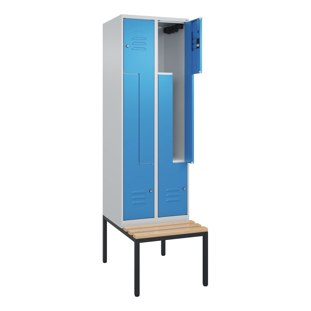 Illustration du produit: C+P Z-Spind Classic PLUS, 4 Abteile, HxBxT 2.120 x 600 x 815 mm, Zylinderschloss, untergebaute Bank aus Buche, lichtgrau, lichtblau