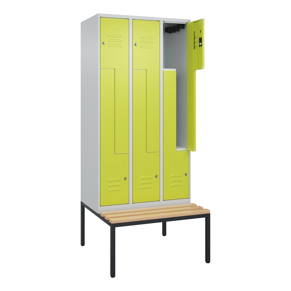 Illustration du produit: C+P Z-Spind Classic PLUS, 6 Abteile, HxBxT 2.120 x 900 x 815 mm, Zylinderschloss, untergebaute Bank aus Buche, lichtgrau, clowngrün