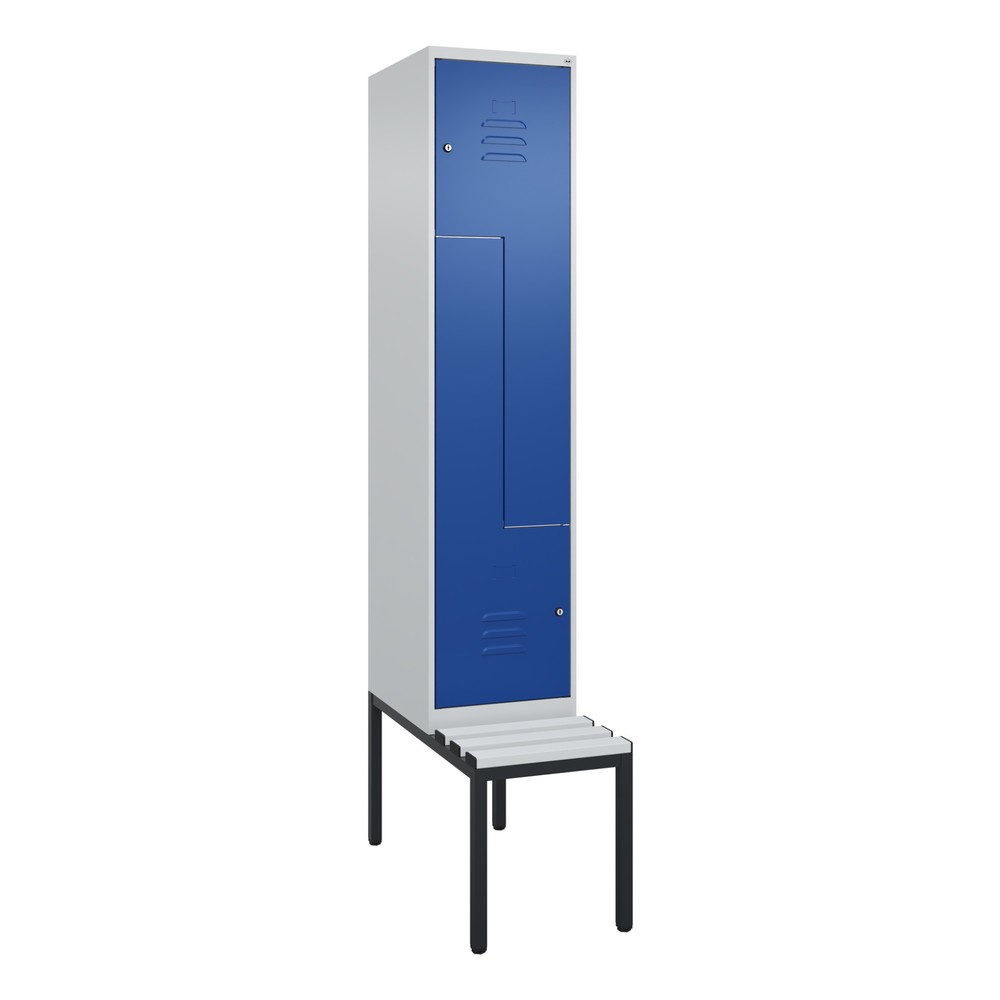 Produktabbildung: C+P Z-Spind Classic PLUS, 2 Abteile, HxBxT 2.120 x 400 x 815 mm, Zylinderschloss, untergebaute Bank aus Kunststoff, lichtgrau, enzianblau