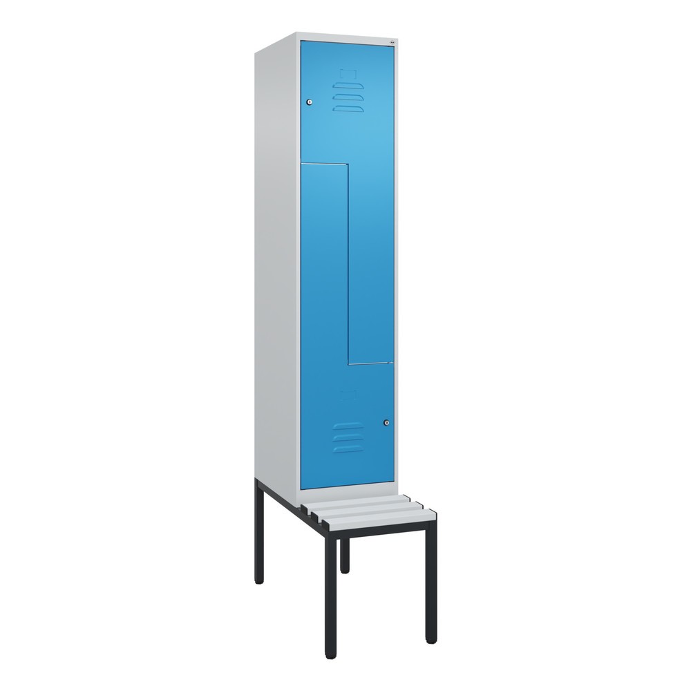 Produktabbildung: C+P Z-Spind Classic PLUS, 2 Abteile, HxBxT 2.120 x 400 x 815 mm, Zylinderschloss, untergebaute Bank aus Kunststoff, lichtgrau, lichtblau