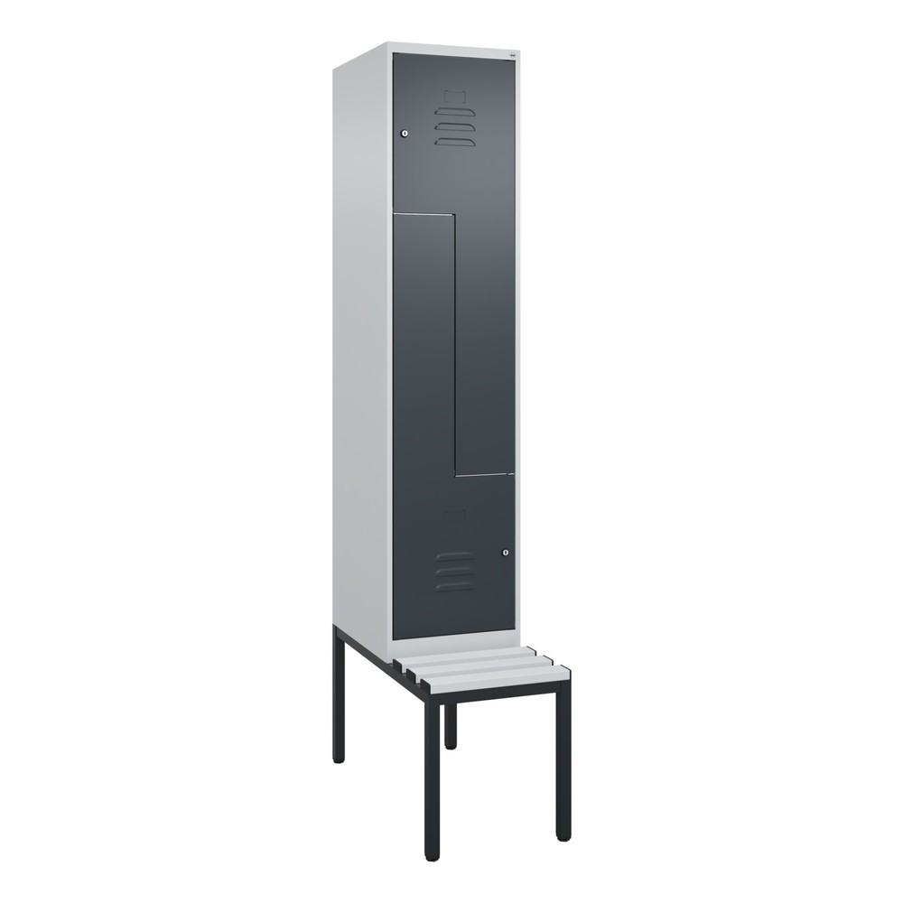 Produktabbildung: C+P Z-Spind Classic PLUS, 2 Abteile, HxBxT 2.120 x 400 x 815 mm, Zylinderschloss, untergebaute Bank aus Kunststoff, lichtgrau, anthrazitgrau