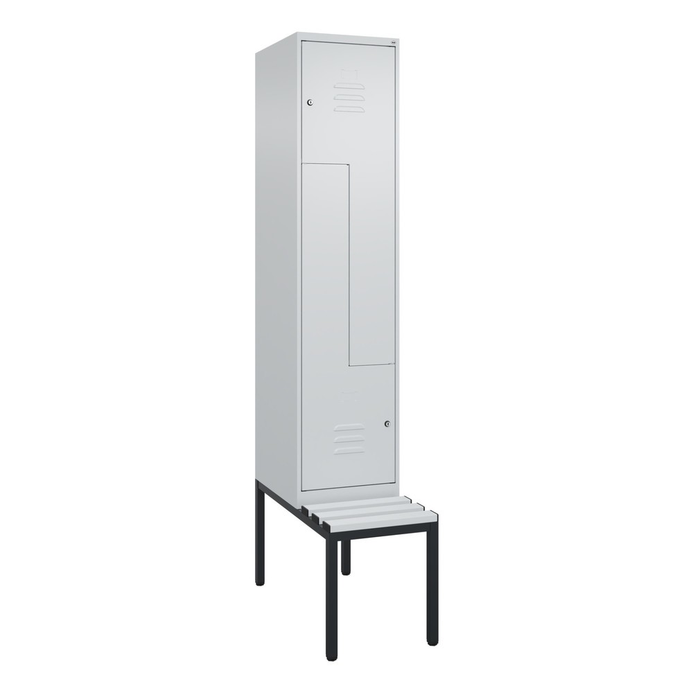 Produktabbildung: C+P Z-Spind Classic PLUS, 2 Abteile, HxBxT 2.120 x 400 x 815 mm, Zylinderschloss, untergebaute Bank aus Kunststoff, lichtgrau, lichtgrau