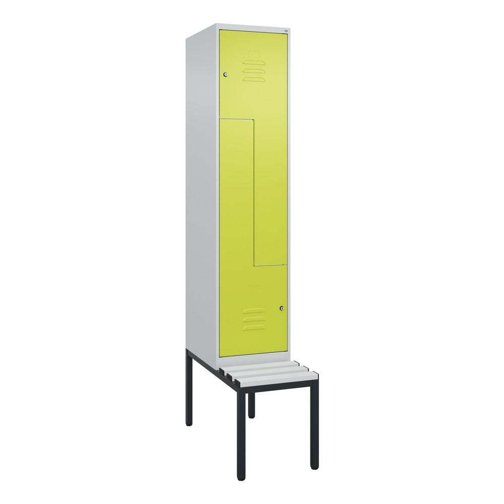 Produktabbildung: C+P Z-Spind Classic PLUS, 2 Abteile, HxBxT 2.120 x 400 x 815 mm, Zylinderschloss, untergebaute Bank aus Kunststoff, lichtgrau, clowngrün